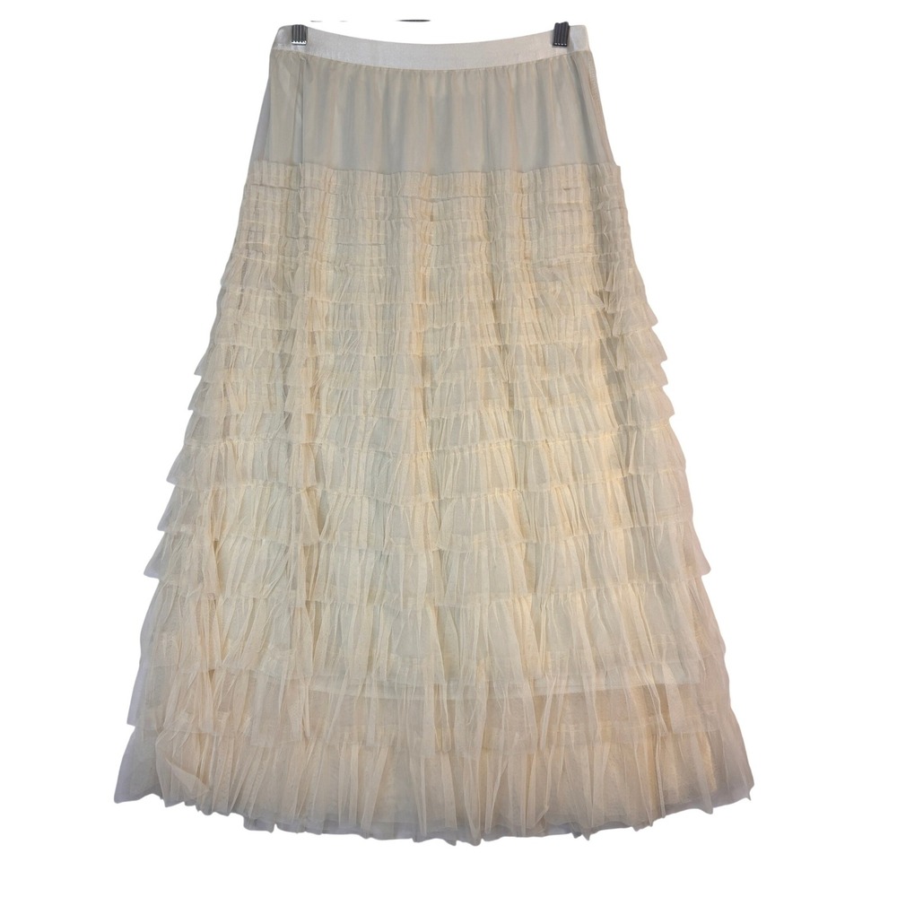 Tulle Ruffle Maxi Skirt Women L Cream Tiered Mesh Fairy Boho Ethereal Romantic